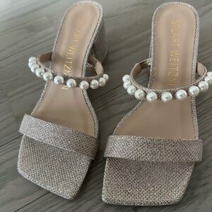 Stuart Weitzman Silver Pearl-Embellished Heels, New sz 6